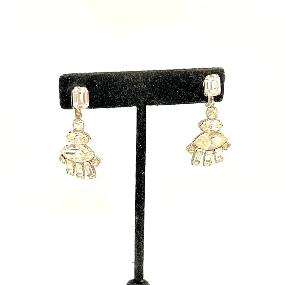Vintage rhinestone clip on dangle silver costume earrings
